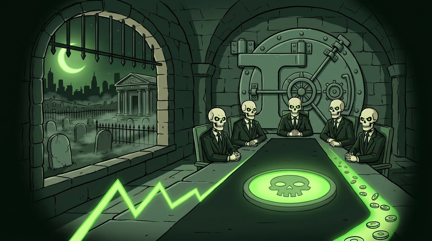 Five skull-headed figures in suits seated around a table before a vault door