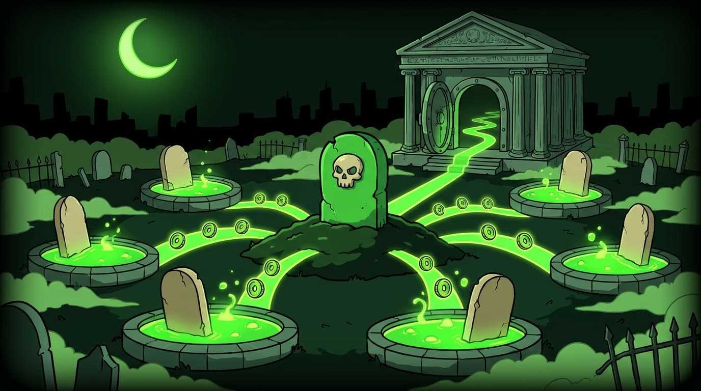 Six liquidity pools ringed in stone, each feeding coins along glowing paths into a central tombstone and vault